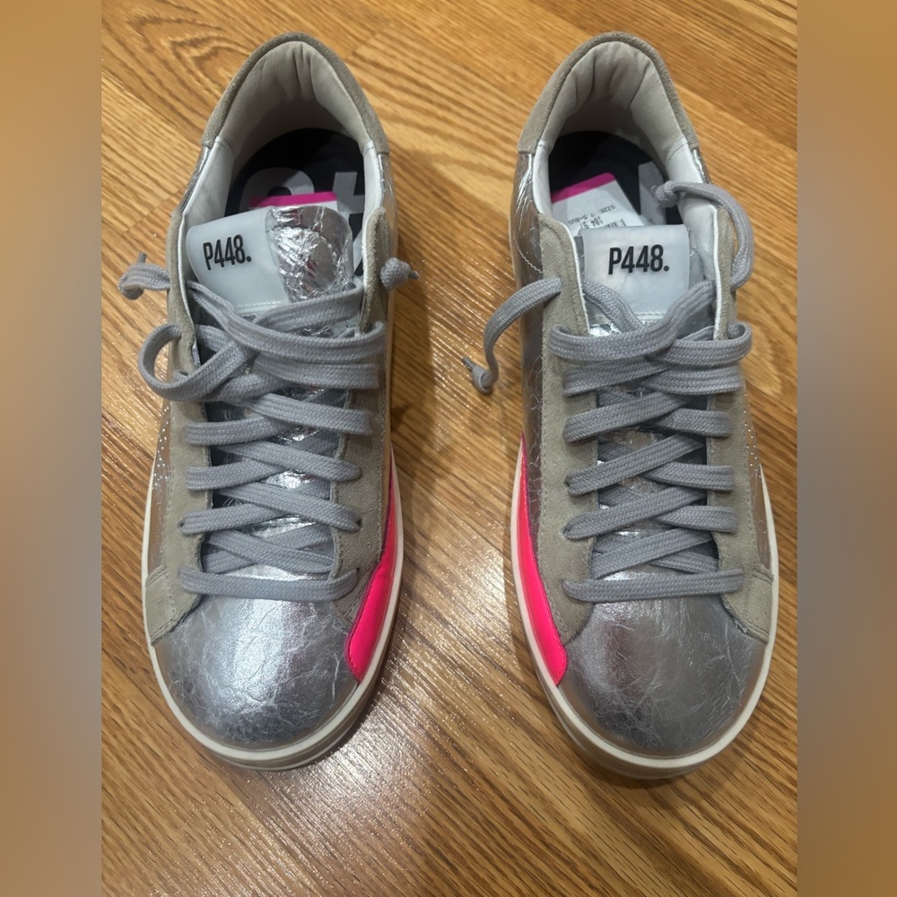 P448 Women's Metallic Silver and Neon Pink Sneakers